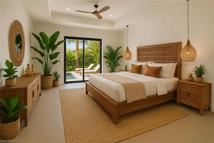 Tiled bedroom with a raised ceiling and a ceiling fan