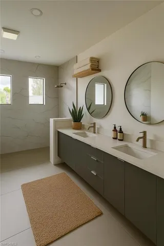 Kitchen with light countertops, ceiling fan, decorative light fixtures, and a kitchen island with sink