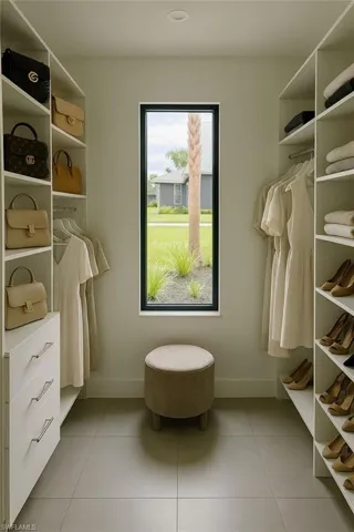 Tiled home office featuring baseboards and built in desk