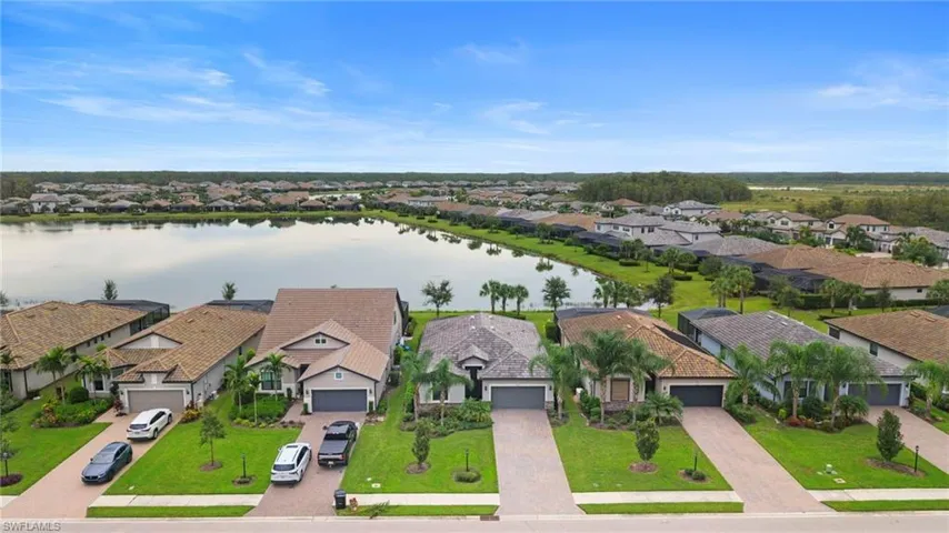 Aerial perspective of suburban area with a nearby body of water