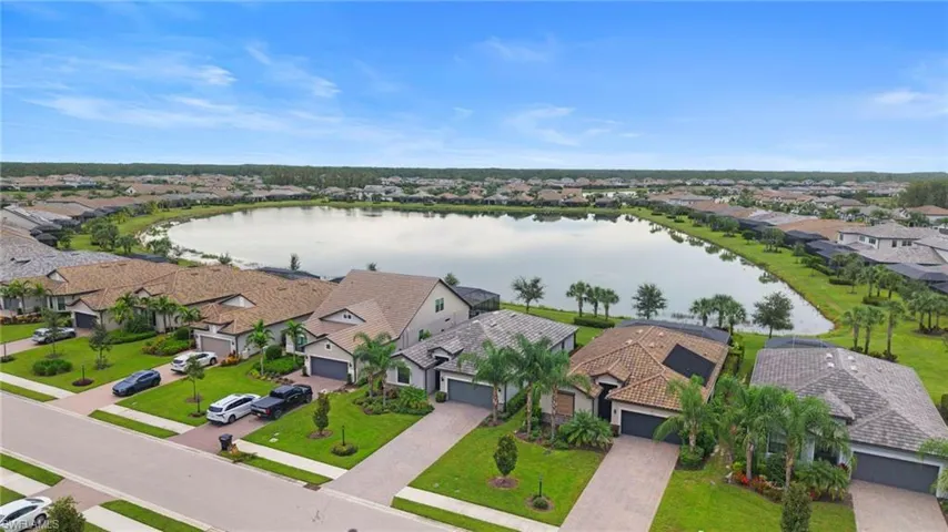 Aerial perspective of suburban area with a nearby body of water