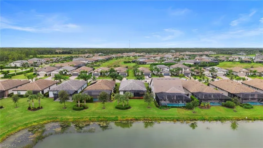 Aerial perspective of suburban area with a large body of water