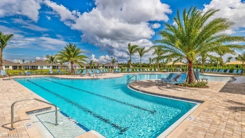 Expansive swimming pool with a paved deck area, surrounded by palm trees and lounge chairs