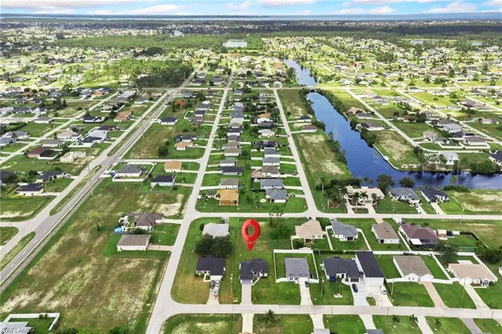 Aerial perspective showcasing a residential area with canals