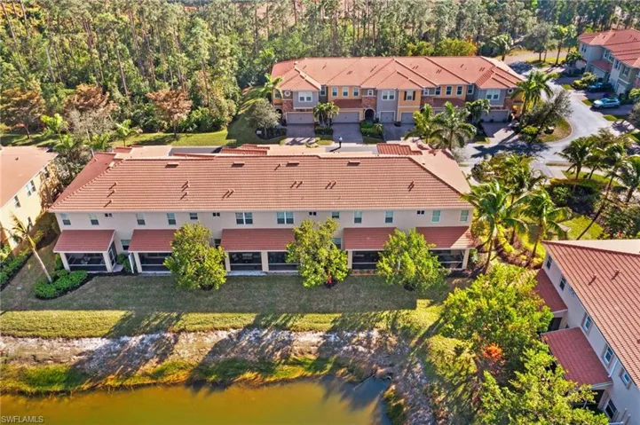 Birds eye view of property with a water view