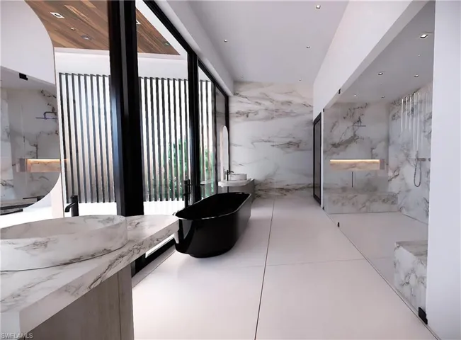 Rendering-Full bath with vanity, stone wall, a freestanding tub, recessed lighting, and a marble finish shower