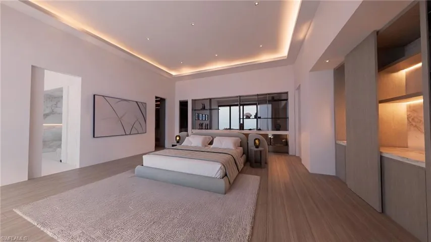 Rendering- Primary Bedroom featuring a tray ceiling with bed looking at towards the river