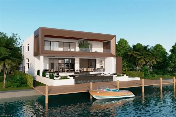 Rendering-Rear view of property with a water view, a patio, outdoor kitchen, a balcony, pool/spa and boat dock