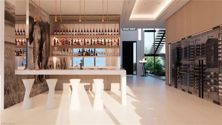 Rendering-Wine room with expansive windows, a high ceiling, and bar with sink