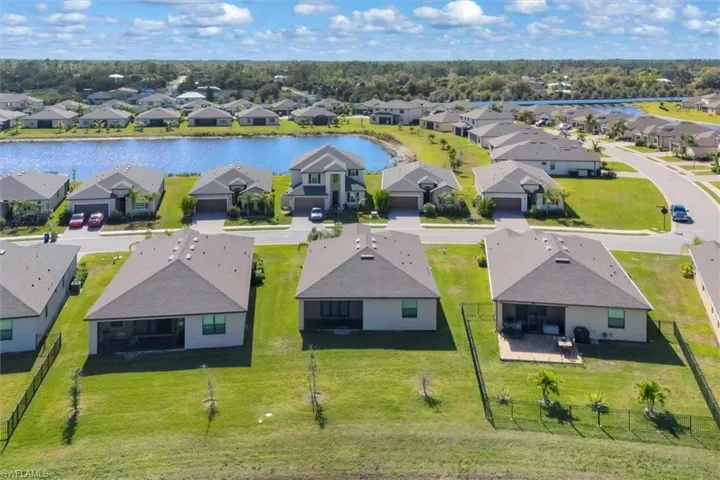 Aerial perspective of suburban area featuring a large body of water