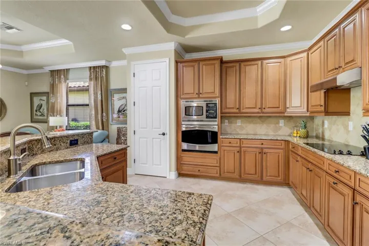 Kitchen with a raised ceiling, stainless steel appliances, under cabinet range hood, ornamental molding, and tasteful backsplash