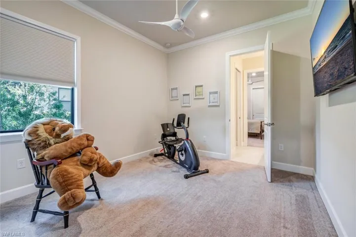 Workout area with ceiling fan, carpet floors, and ornamental molding