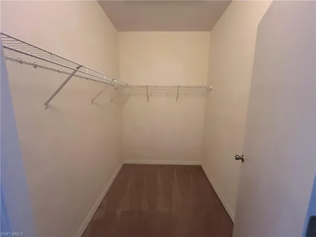 Walk in closet with dark wood-style flooring