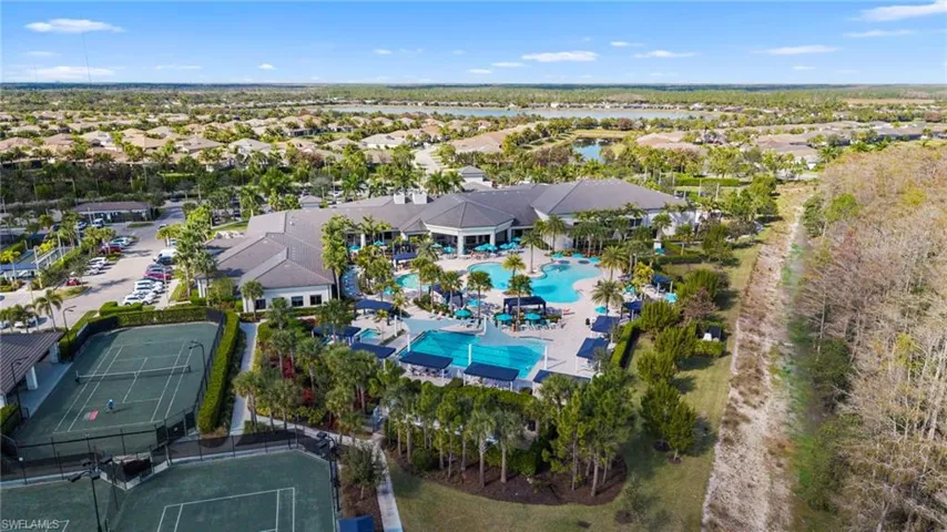 Aerial perspective of suburban area featuring a pool area