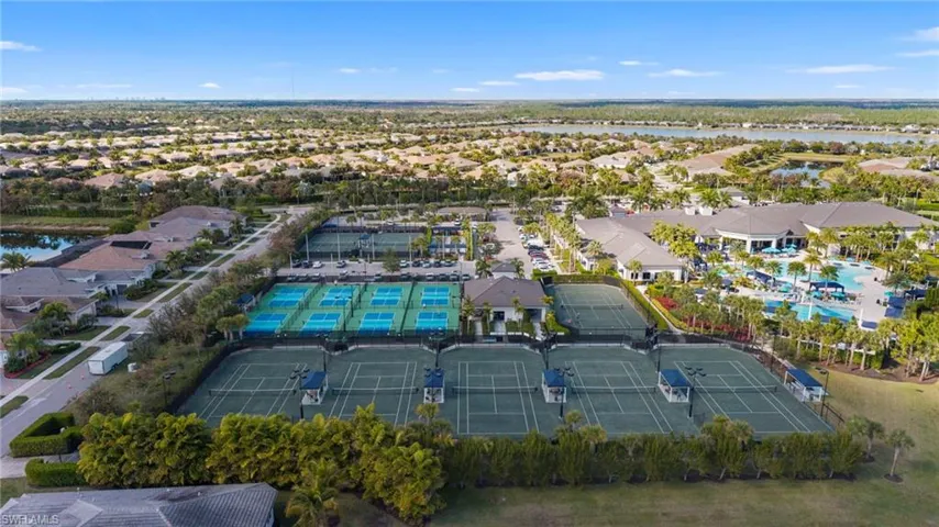 Aerial perspective of suburban area featuring a nearby body of water
