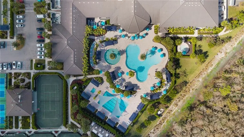 Drone / aerial view of a pool area