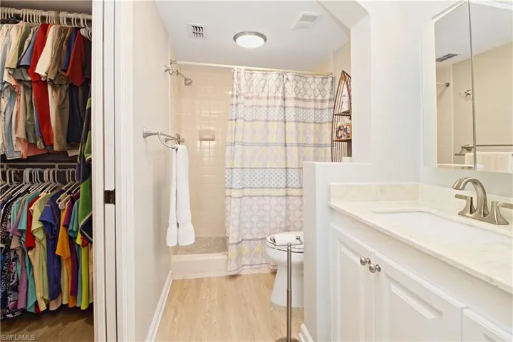 Primary bathroom with walk-in shower, raised vanity and walk-in closet