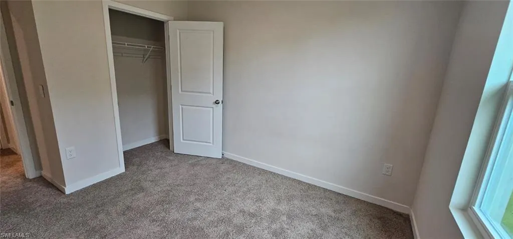Plush carpeting, neutral wall finishes, white trim, and a built-in closet with wire shelving