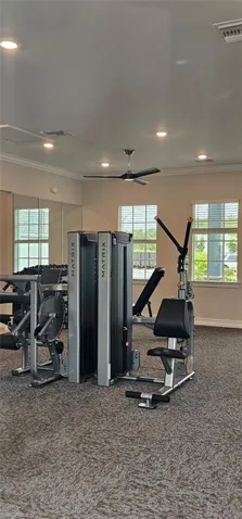 Fitness area featuring multiple Matrix brand exercise machines, recessed lighting, ceiling fan, and carpeted flooring
