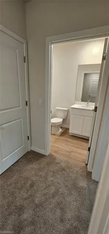 Bathroom featuring a white vanity with integrated sink, a rectangular mirror, and wood-finish flooring