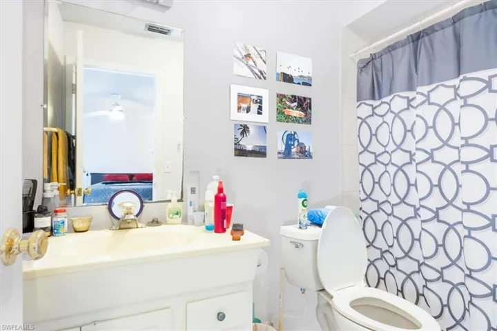Bathroom featuring vanity and a shower with shower curtain
