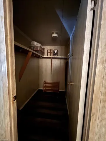 Walk in closet featuring dark wood-style flooring