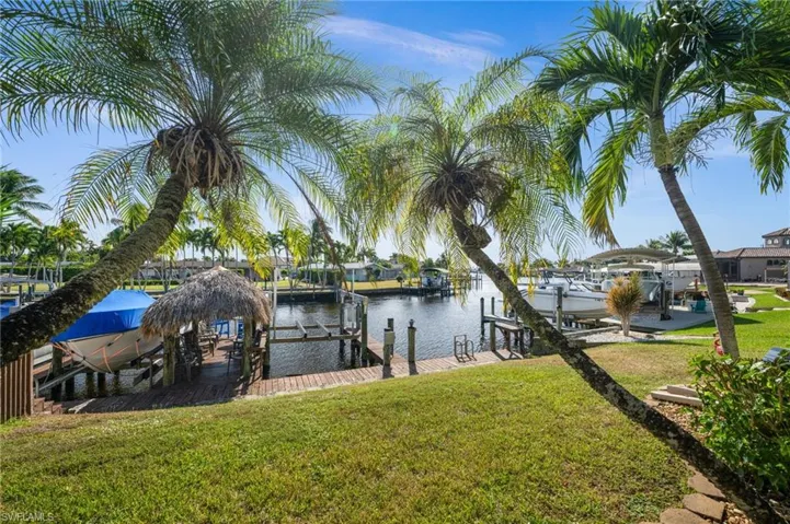 A view of the water and community tiki hut
