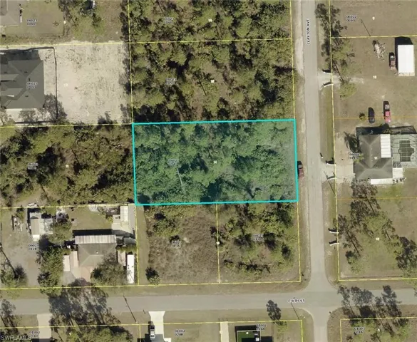 Aerial overview of property's location with property parcel outlined
