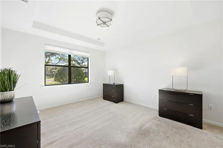 Unfurnished bedroom featuring light colored carpet and a raised ceiling