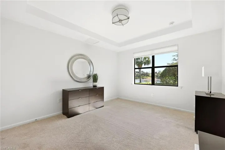 Unfurnished bedroom with light colored carpet and a raised ceiling