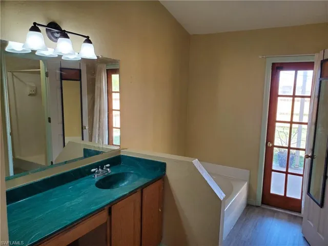 Primary bathroom with soaking tub and door leading to backyard