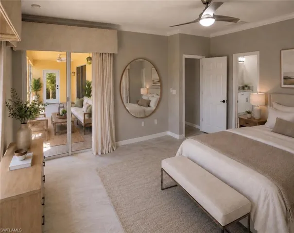 Spacious room featuring light-toned carpet flooring, a contemporary ceiling fan, and wide sliding glass doors opening to an enclosed patio