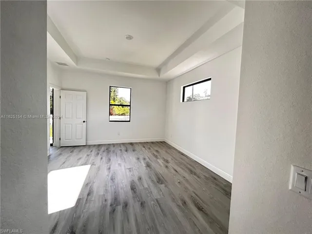 Spare room featuring a tray ceiling and wood-type flooring