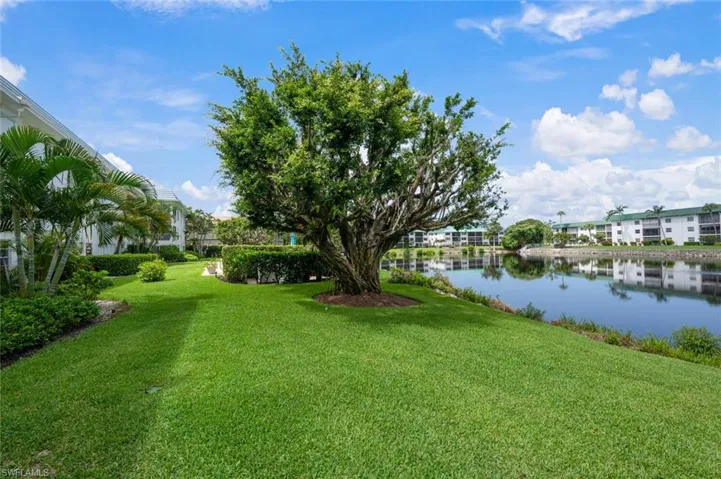 View of green lawn with a water view