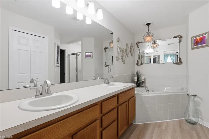 Bathroom with double vanity, light wood-style floors, a bath, a stall shower, and a closet