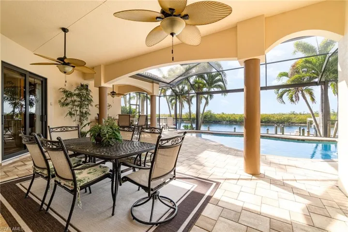 View of patio / terrace with a water view, ceiling fan, and screen enclosure