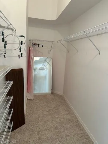 Walk in closet featuring light carpet