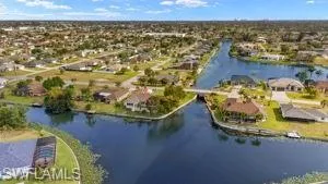 Birds eye view of property with a water view