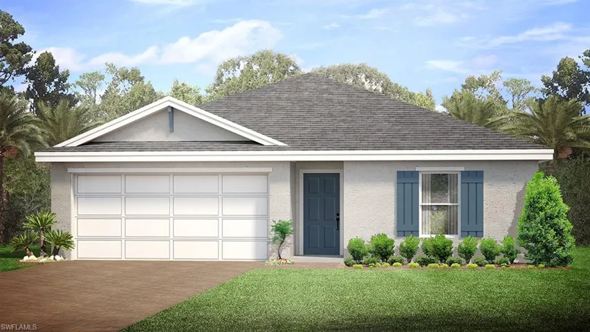 Single story home featuring a garage and a front lawn