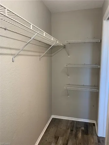 Walk in closet with dark hardwood / wood-style floors