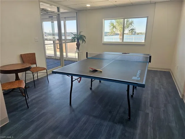 Rec room with a drop ceiling and dark wood-type flooring
