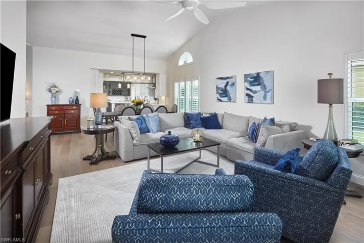 Spacious living room with vaulted ceilings.