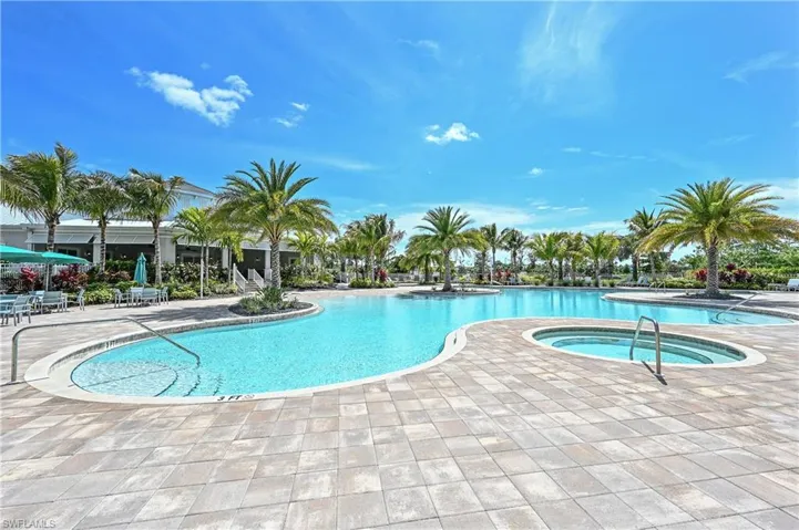 Community pool featuring a patio and a hot tub