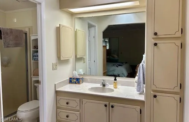 Bathroom featuring vanity, connected bathroom, and a shower stall