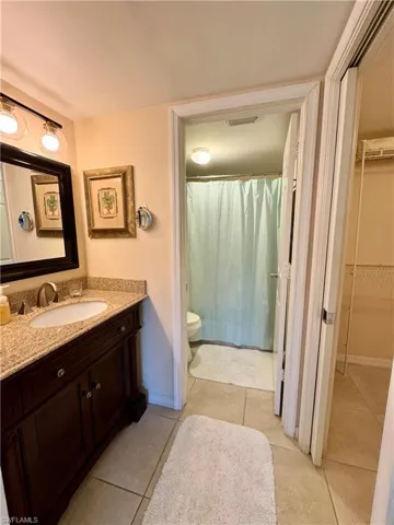 Primary bathroom with a walk in shower, vanity, a walk in closet