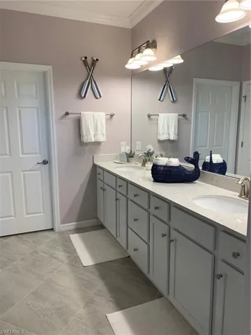 Master bathroom with crown molding and vanity
