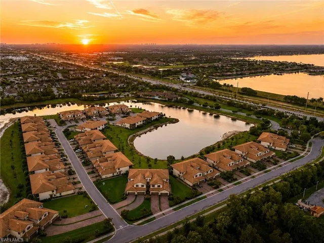 Aerial perspective showcasing a residential community with Mediterranean-style architecture
