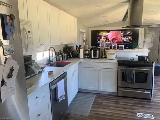 Kitchen featuring appliances with stainless steel finishes, island exhaust hood, white cabinets, dark wood-style flooring, and backsplash