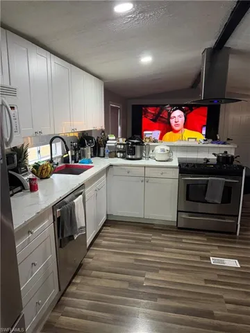 Kitchen with stainless steel appliances, dark wood-style flooring, white cabinetry, a peninsula, and lofted ceiling