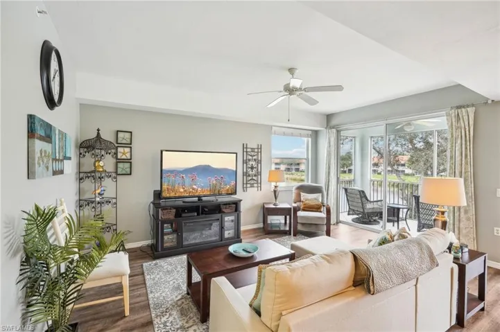 Living room with ceiling fan and wood-type flooring